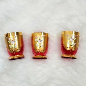 Vintage Bohemian set of 3  gold guilt red floral glasses cobalt